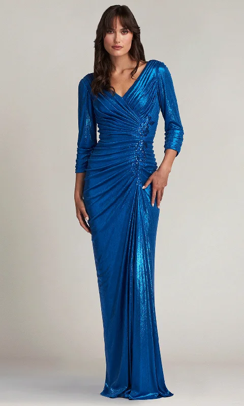 Tadashi Shoji BSJ24039L - Draped Metallic V-Neck Evening Dress A-line unclassified dresses