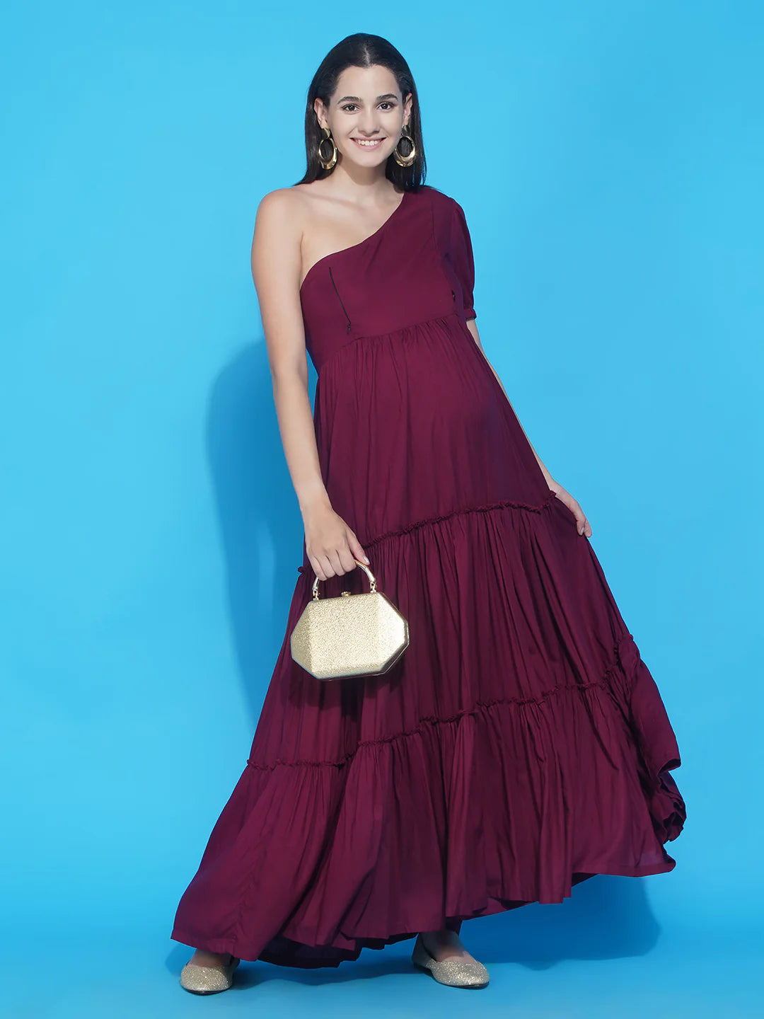 Wine Tiered Photoshoot Dress One-shoulder unclassified dresses