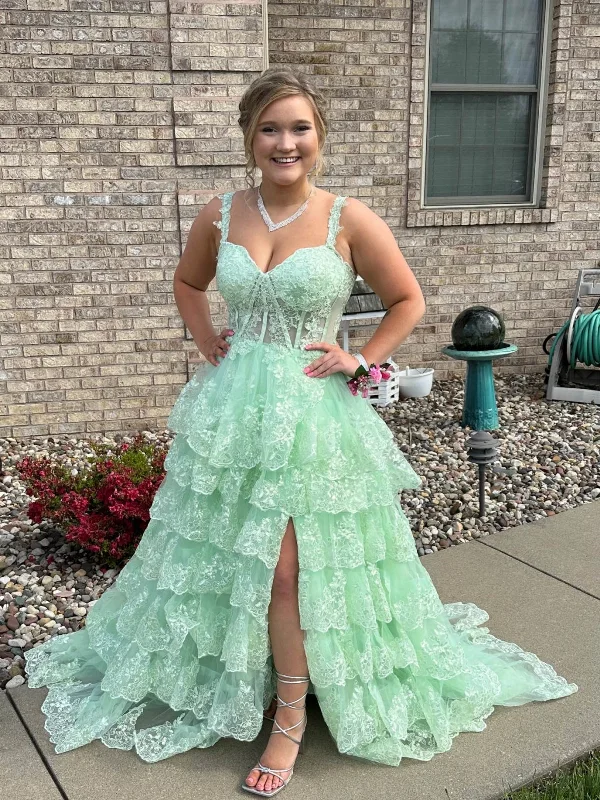 A Line Sweetheart Neck Layered Mint Green Lace Long Prom Dresses with High Slit, Mint Green Lace Formal Graduation Evening Dresses SP3074 Stretch Maxi Skirt