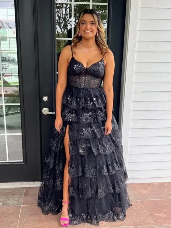 A Line V Neck Layered Black Lace Long Prom Dresses with High Slit, Black Lace Formal Graduation Evening Dresses SP3072 V-neck Maxi Skirt