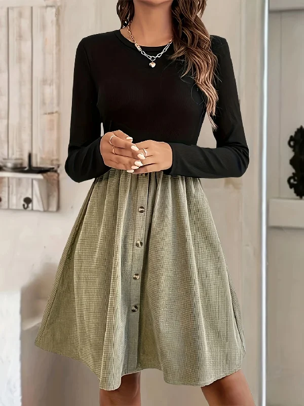 Contrast Round Neck Long Sleeve Dress Front Slit Skirt