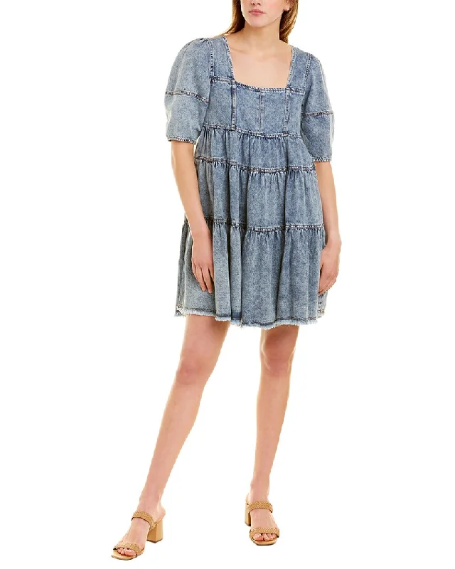 en saison Short Sleeve Denim Babydoll Dress Wrap Mini Skirt