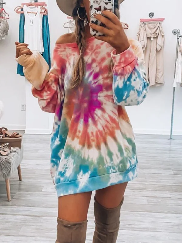 Full Size Tie-Dye Round Neck Long Sleeve Dress Flowing Boho Skirt