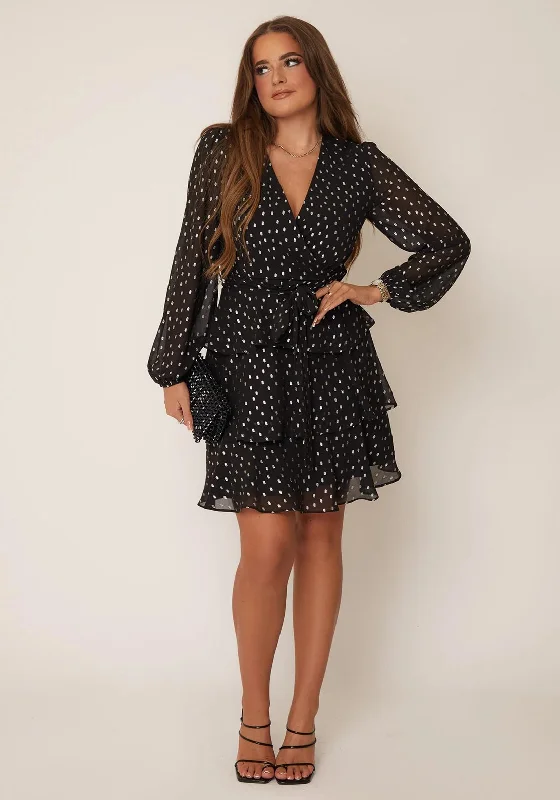 Girl in Mind Kimberly Dotty Mini Dress, Black & Silver Soft Pleated Skirt