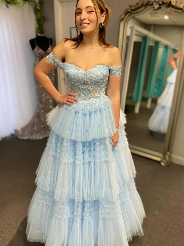 Off Shoulder Layered Light Blue/Sage Lace Long Prom Dresses, Off the Shoulder Formal Dresses, Light Blue/Sage Evening Dresses SP3070 Front Pocket Maxi