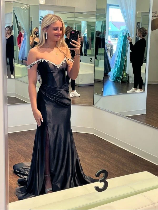 Off Shoulder Mermaid Beaded Black Satin Long Prom Dresses with Side Slit, Off the Shoulder Black Formal Graduation Evening Dresses SP3068 Plaid Maxi Skirt