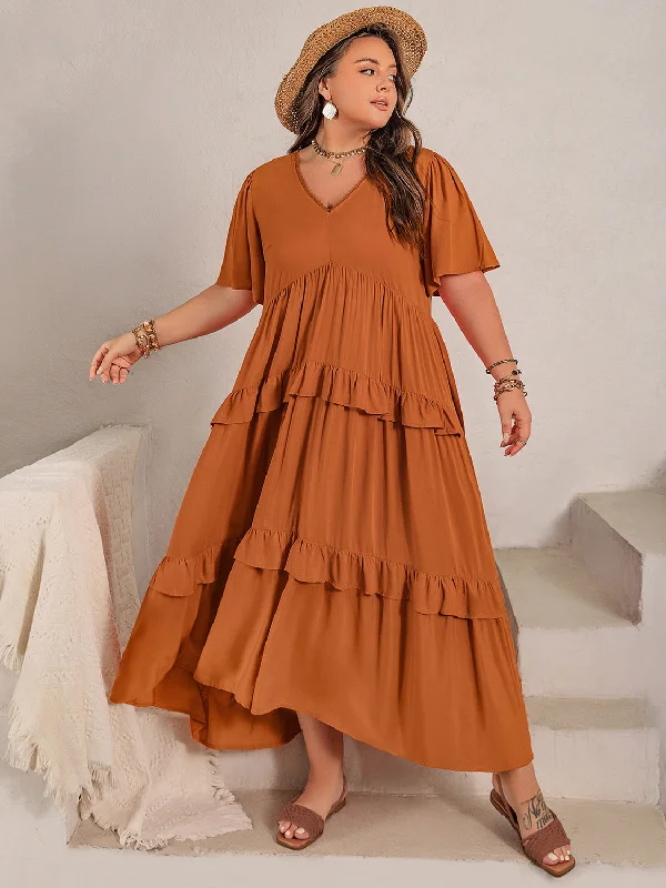 Plus Size V-Neck Flutter Sleeve Maxi Dress Vintage Maxi Skirt