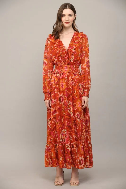 PRINT WITH LUREX CHIFFON RUFFLE DETAI MAXI DRESS in rust High-Low Maxi Skirt