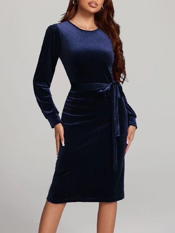 Round Neck Tie Waist Long Sleeve Velvet Dress Fitted Maxi Skirt