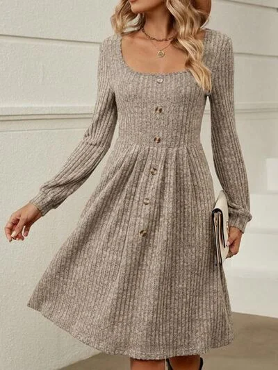 Square Neck Long Sleeve Sweater Dress Soft Maxi Dress