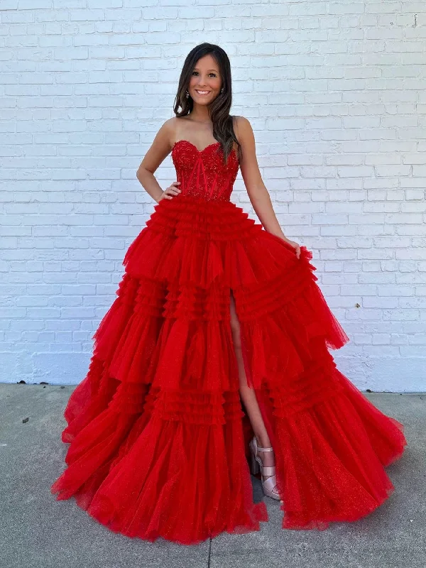 Strapless Red Lace Long Prom Dresses with High Slit, Red Lace Formal Dresses, Long Red Evening Dresses SP3066 Summer Beach Maxi