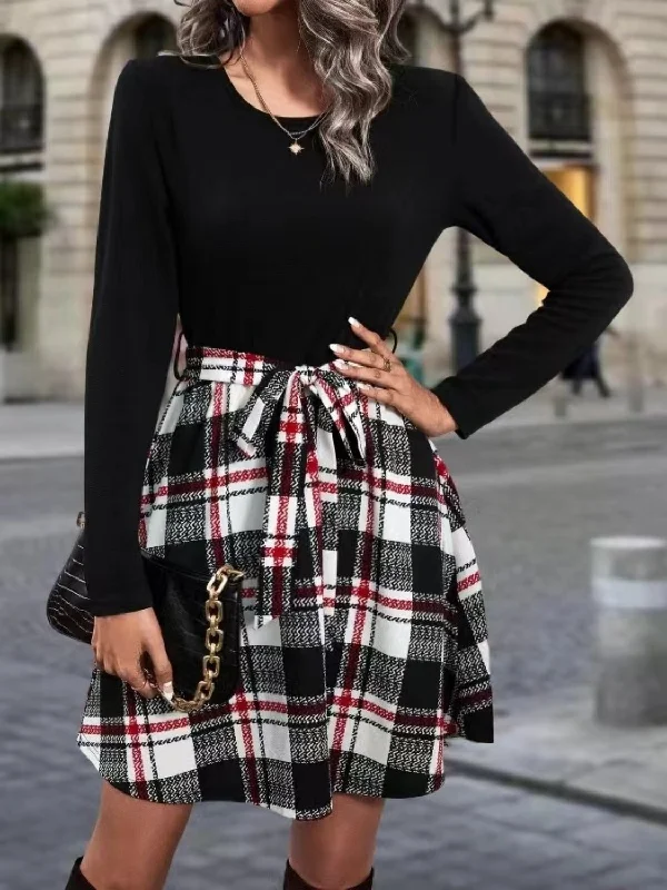 Tied Plaid Round Neck Long Sleeve Dress Satin Maxi Skirt