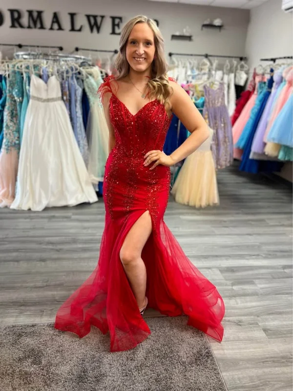 V Neck Open Back Mermaid Red Lace Long Prom Dresses with Leg Slit, Mermaid Red Formal Dresses, Red Lace Evening Dresses SP3077 Wrap Maxi Skirt