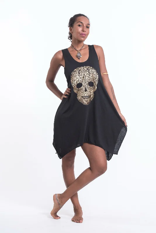 Womens Boho Skull Tank Dress in Gold on Black Soft Fabric Tank Dress