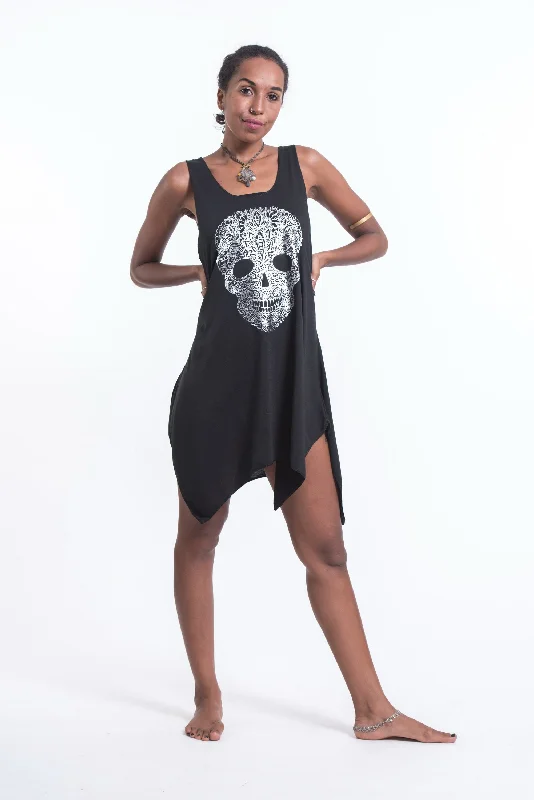 Womens Boho Skull Tank Dress in Silver on Black Boho Tank Dress