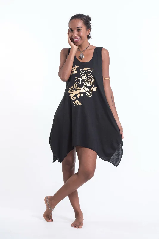 Womens Owls Tank Dress in Gold on Black Basic Tank Dress