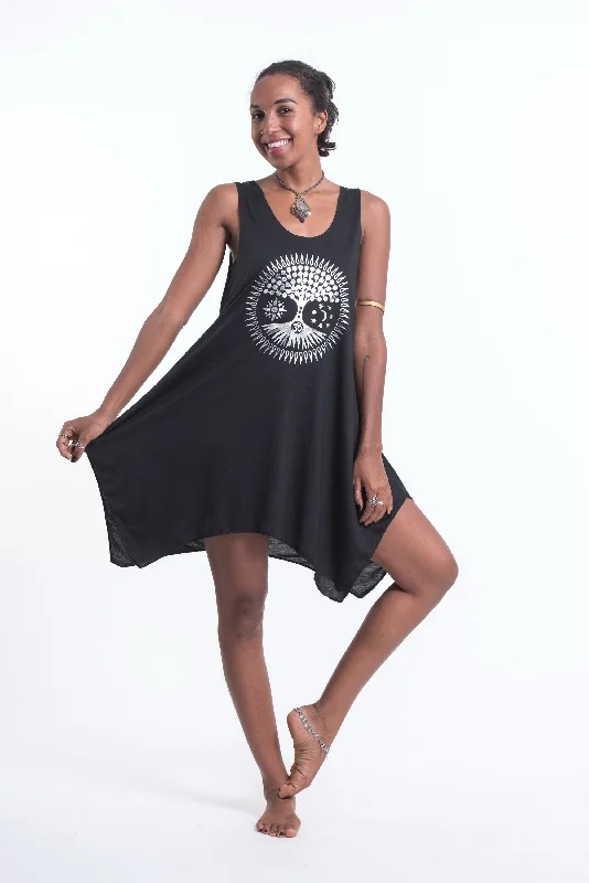 Womens Sun Moon Om Tank Dress in Silver on Black Fitted Tank Dress