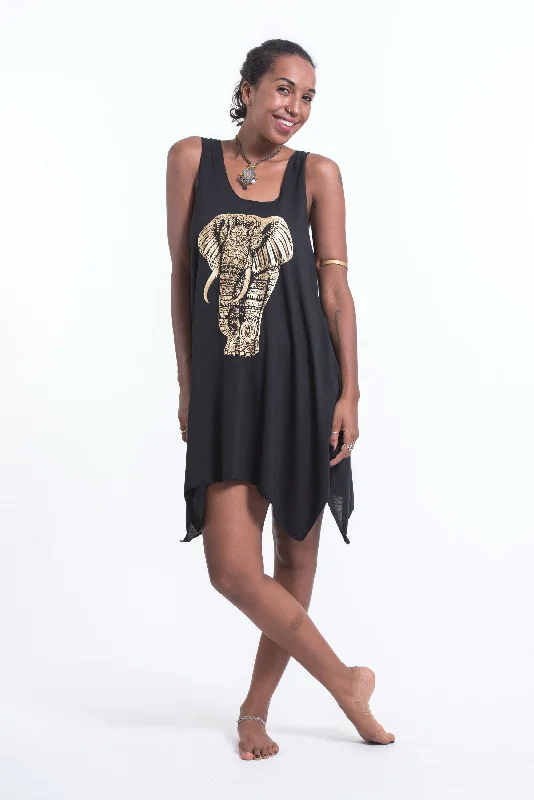 Womens Tribal Elephant Tank Dress in Gold on Black Tank Dress Shine