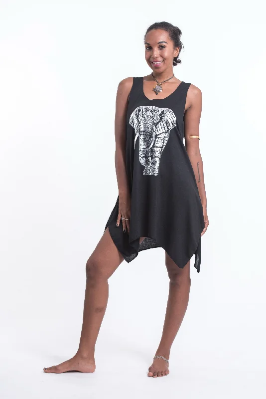 Womens Tribal Elephant Tank Dress in Silver on Black Comfortable Sleeveless Dress