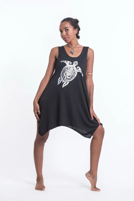 Womens Tribal Turtle Tank Dress in Silver on Black Soft Tank Dress