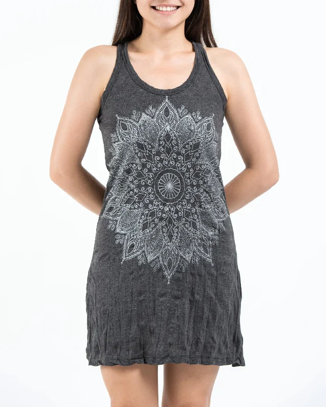 Womens Lotus Mandala Tank Dress in Silver on Black Trendy Sleeveless Dress