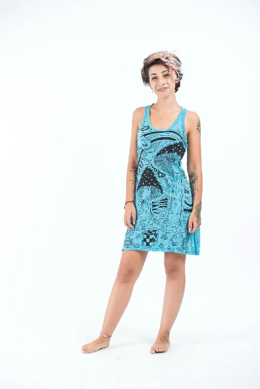 Womens Magic Mushroom Tank Dress in Turquoise High-Waisted Tank Dress