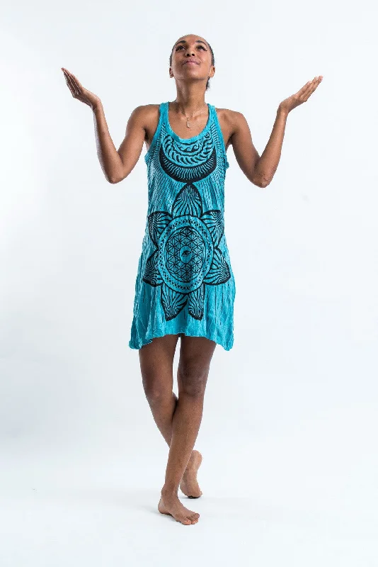 Womens Sacred Geometry Mandala Tank Dress in Turquoise White Tank Dress