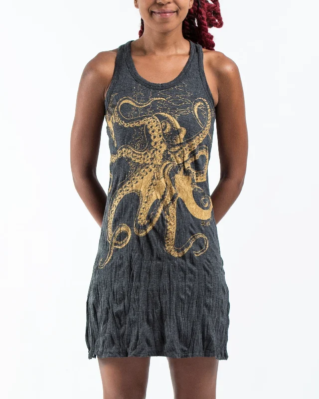 Womens Octopus Tank Dress in Gold on Black Pleated Sleeveless Dress