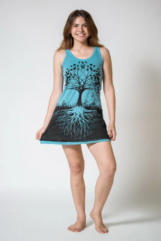 Womens Tree of Life Tank Dress in Turquoise Tank Dress Casual Chic