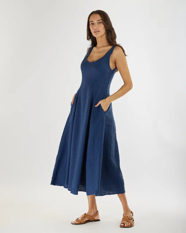 Anna Panelled Linen Midi Dress - Navy Midi Skirt Chic