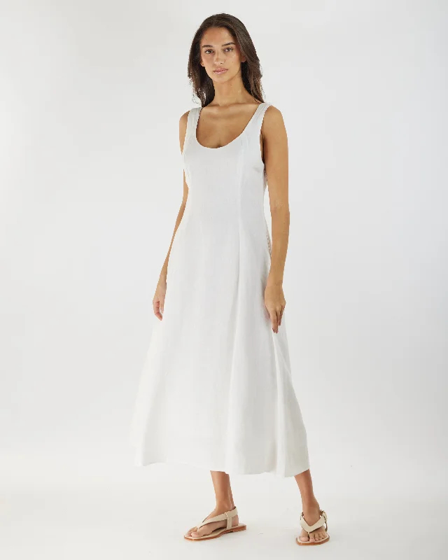 Anna Panelled Linen Midi Dress - White Trendy Midi Skirt