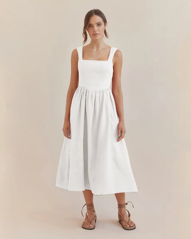 Caprice Corset Linen Midi Dress - White Casual Midi Skirt