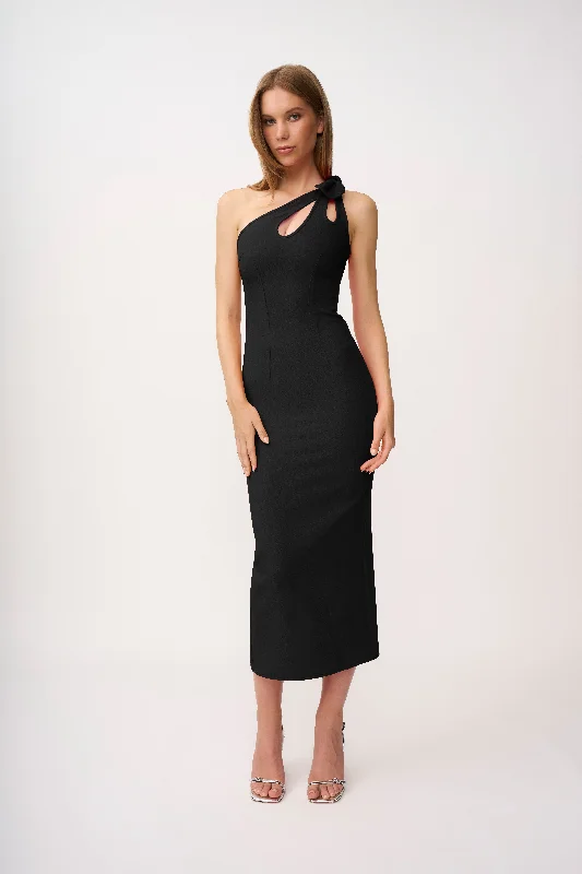 Chiara One Shoulder Midi Dress - Black Elegant A-line Skirt