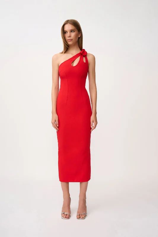 Chiara One Shoulder Midi Dress - Red Midi Skirt Party