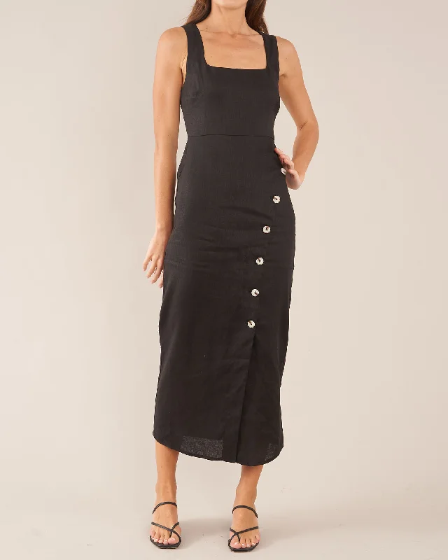 Imari Linen Midi Dress - Black Button-down Midi Skirt