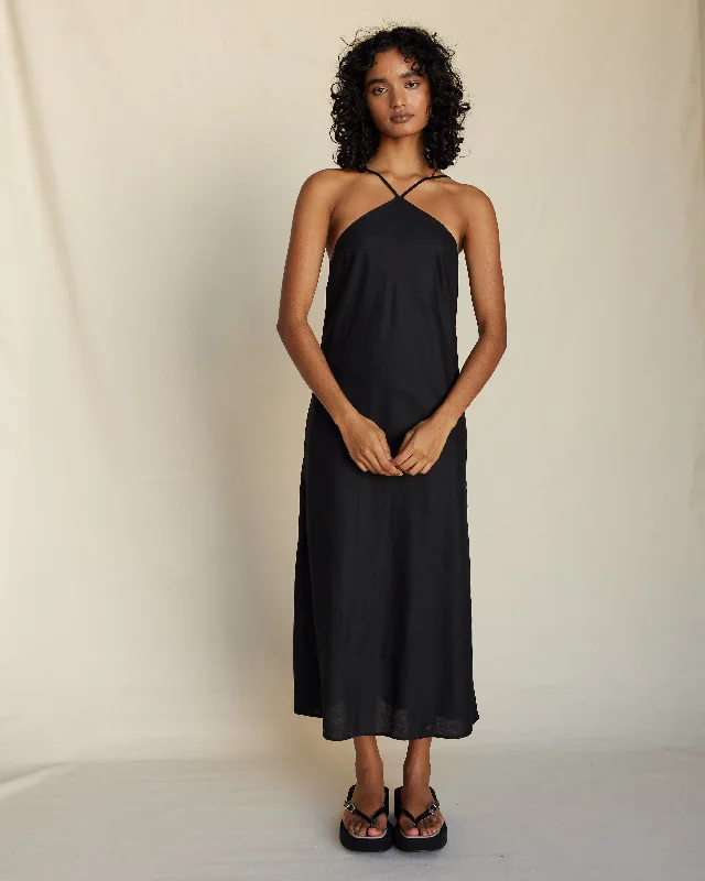 Krisha Linen Halter Midi Dress - Black Midi Skirt Style