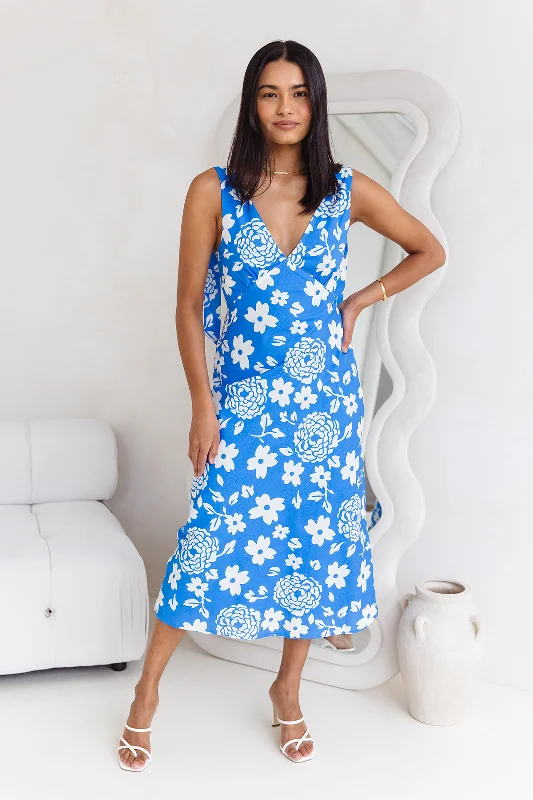 Lucia Midi Dress - Azure Blue Floral Classic A-line Skirt