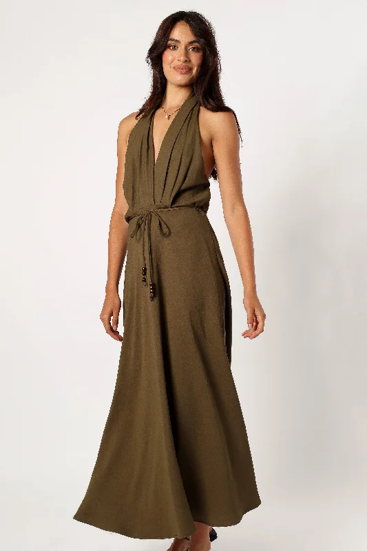 Lylah Halterneck Midi Dress - Olive Floral A-line Skirt