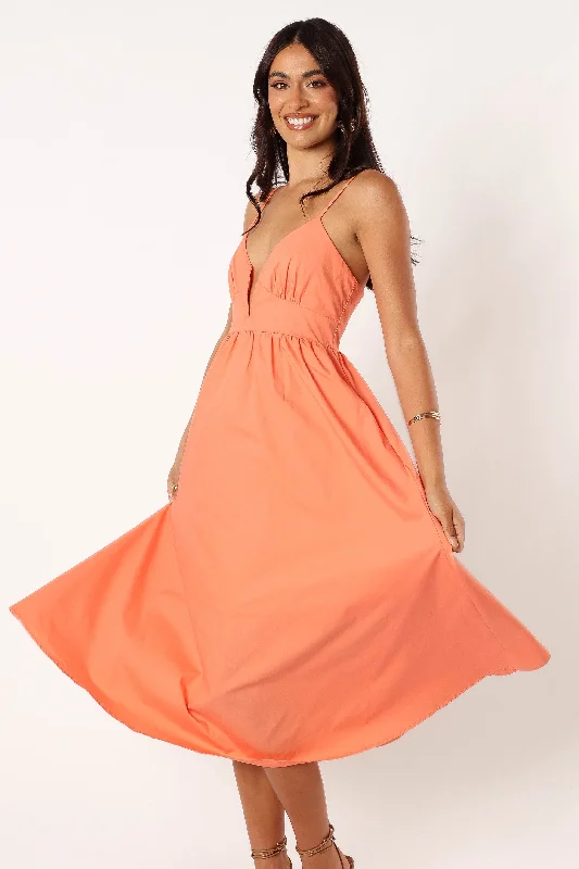 Noira Midi Dress - Apricot Pleated Satin Skirt