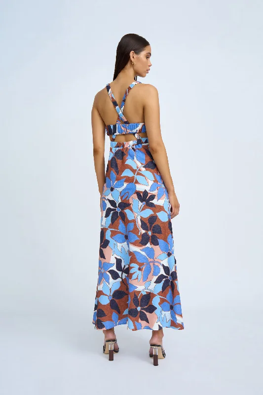 Ophelia Floral Bias Midi Dress | Final Sale - Navy Tan Brown Ivory Vintage Midi Skirt