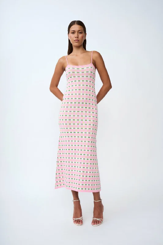 Remy Checker Knit Midi Dress | Final Sale - Pink Green Yellow Soft Denim Midi