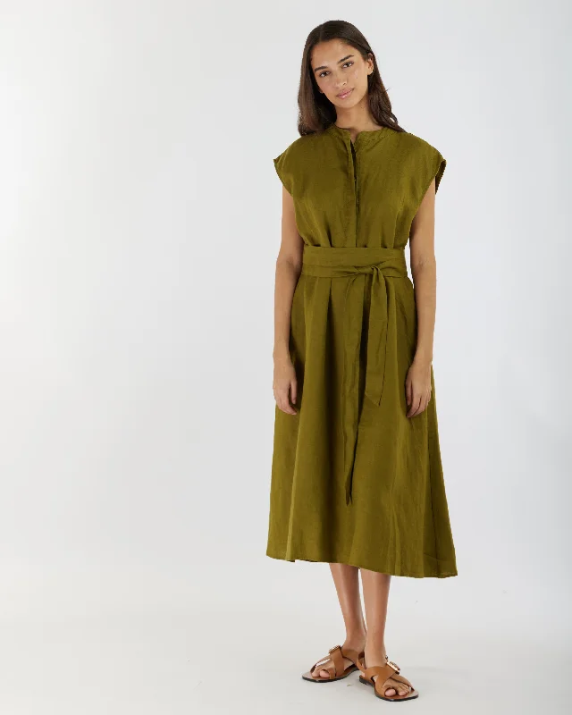 Renee Linen Midi Dress - Olive A-line Midi Skirt