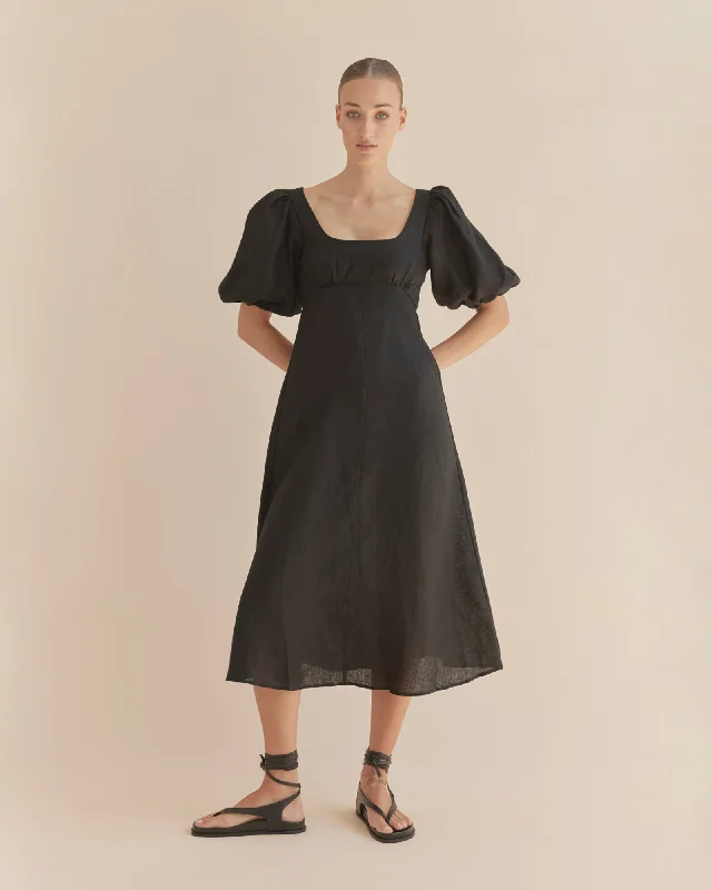 Romilly Linen Midi Dress - Black Flowy Midi Skirt