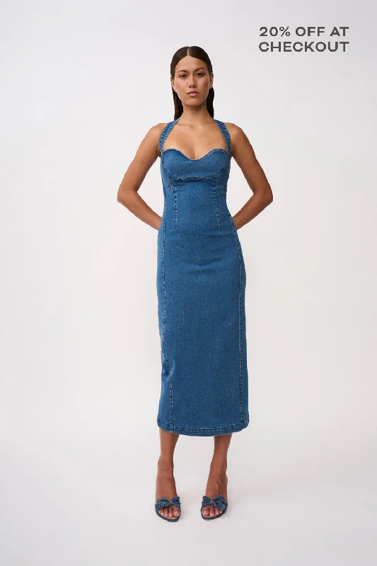 Savannah Denim Halter Midi Dress- Blue Denim Cozy Midi Skirt