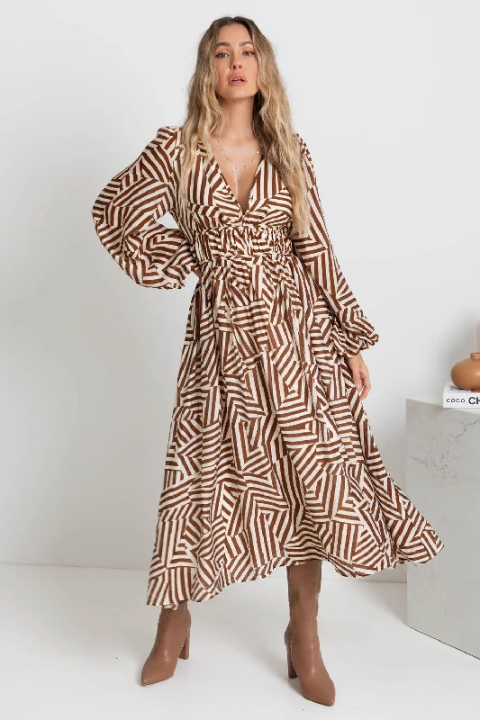 Solana Midi Dress - Abstract Choc Print Trendy Midi Look