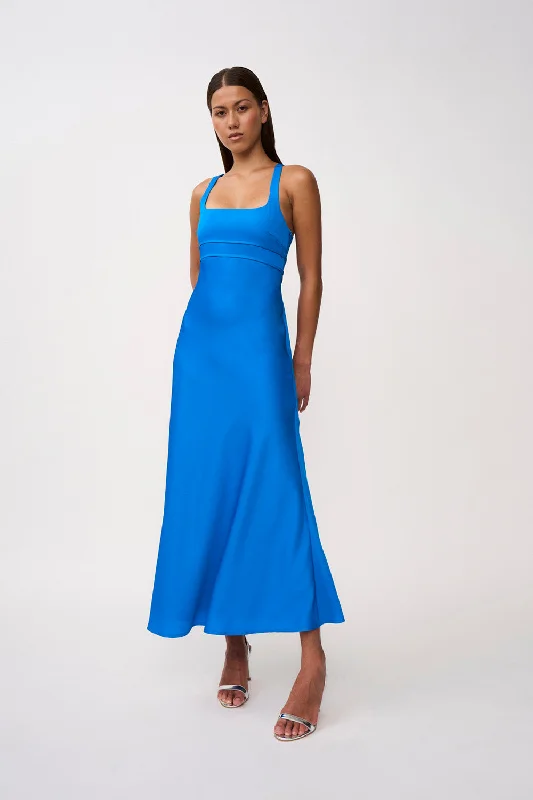 Soleil Pipe Bias Midi Dress- Azure Blue Structured Midi Skirt