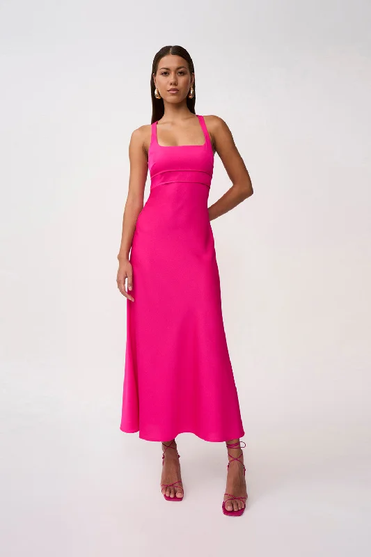 Soleil Pipe Bias Midi Dress - Fuchsia Pink Slim Midi Skirt