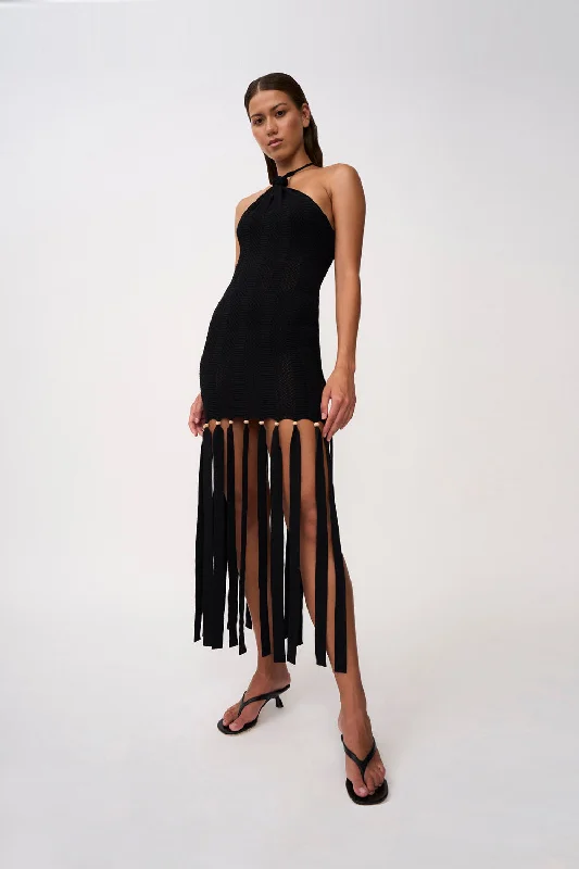 Tiled Picot Beaded Knit Midi Dress - Black Long Midi Skirt