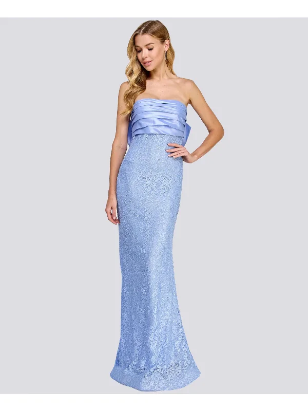 CITY STUDIO Womens Blue Lined Lace Glitter Zippered Bow Accent Plea Sleeveless Strapless Full-Length Formal Gown Dress Lace Evening Dress