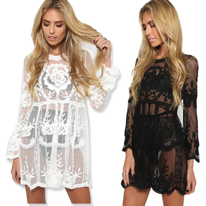 Clearance Pure Color Bohemian Lace Transparent Long Trumpet Sleeves Short Dress Lace Dress Sleek